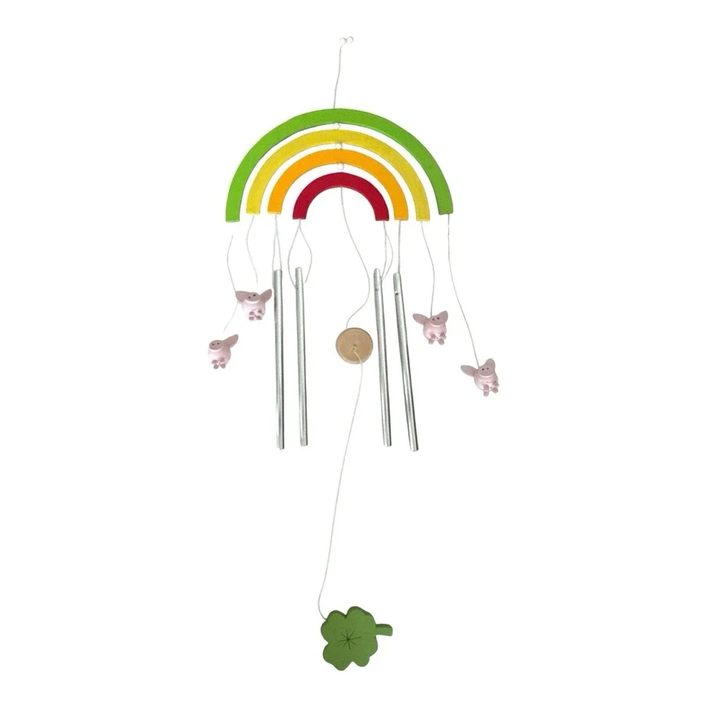 Rainbow Pig Wind Chime Wooden Whimsical Garden Decor Shamrock Lucky Clover